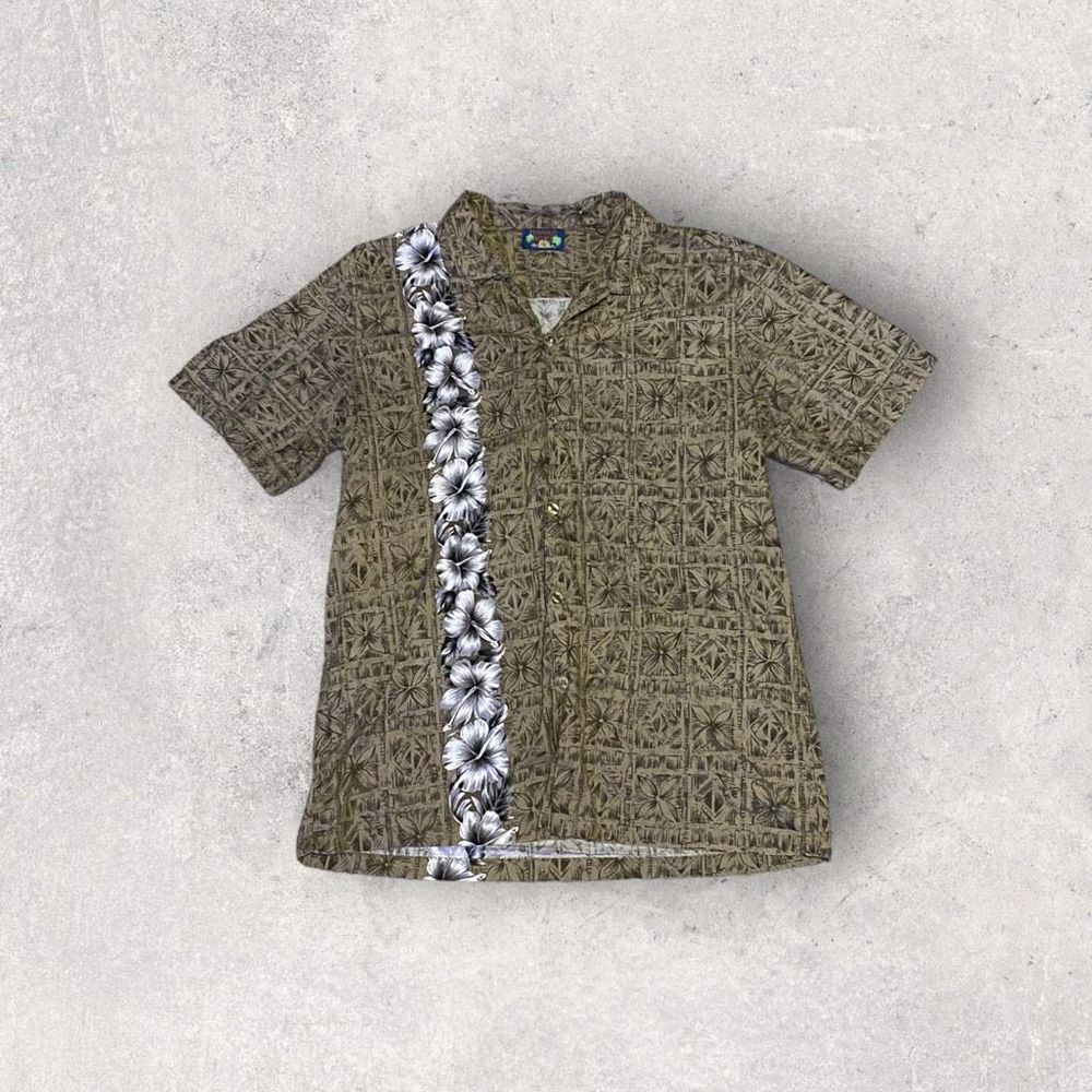 Hawaii Blues Green Floral Hawaiian T-Shirt with White Flower Stripe Men’s Large